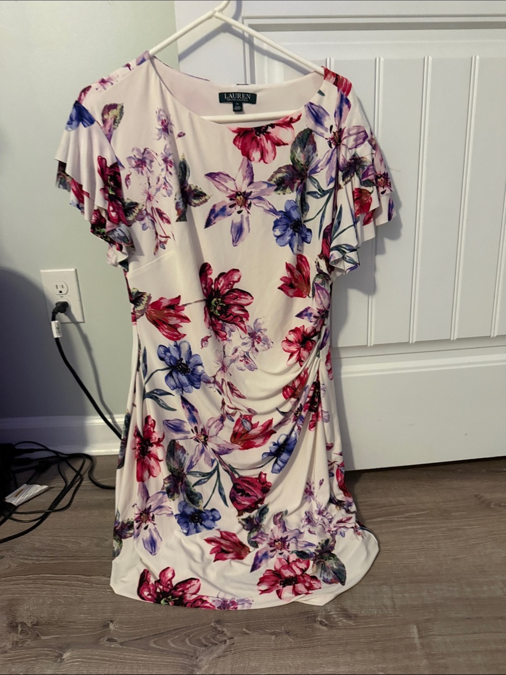 Lauren Ralph Lauren Cream Floral cocktail Dress with Pink & Blue Blooms